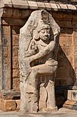 The great Chola temples of Tamil Nadu - The Brihadisvara temple of Gangaikondacholapuram. Huge monolith dvarapala guarding the eastern gate. 